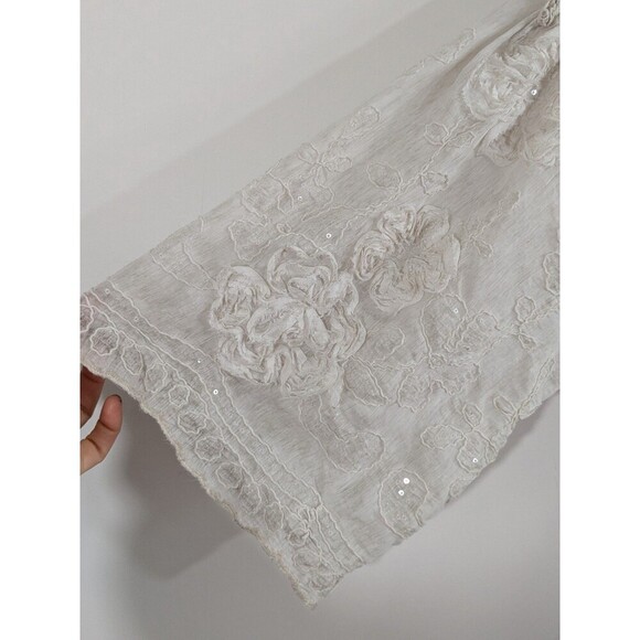 Tempo Paris Ivory Boho Tunic 3D Flowers Sequins Flowy Fairy 3/4 Sleeve Sz L - Picture 3 of 11